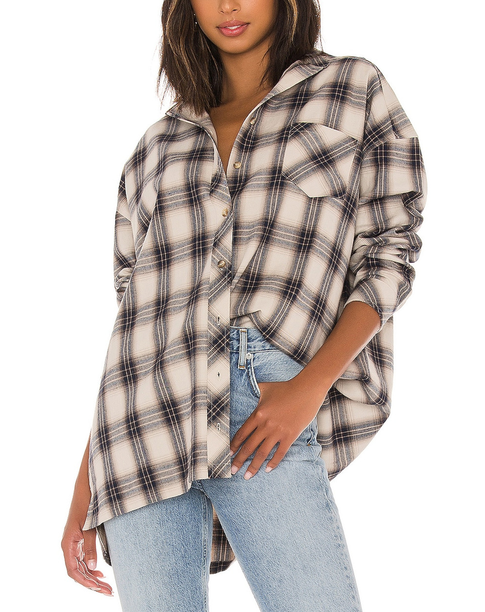 Lovers And Friends Oversized Nude Plaid Gela Shirt Size S